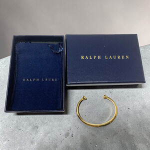 Vtg Y2K Ralph Lauren Gold Tone Nailhead Cuff Bracelet RLL Solid Bangle Box Pouch